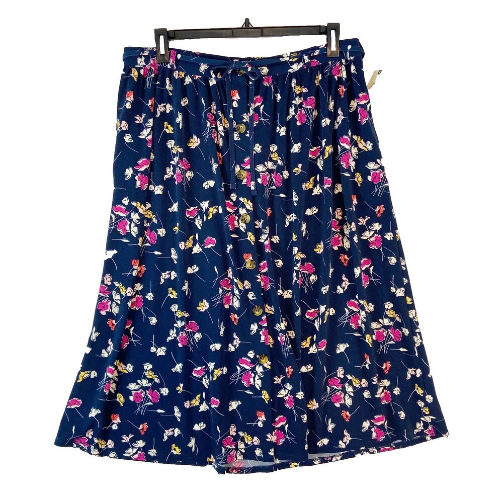 Terra & Sky Skirt Women's 0X (XL) Blue A-Line Midi Floral Button Front‎ Belted